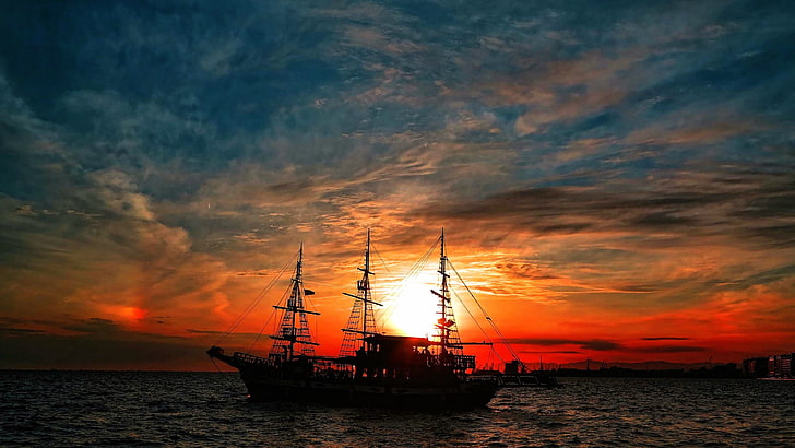black ship, sky, Sun, sunlight, clouds, ship, sea, vehicle, HD wallpaper