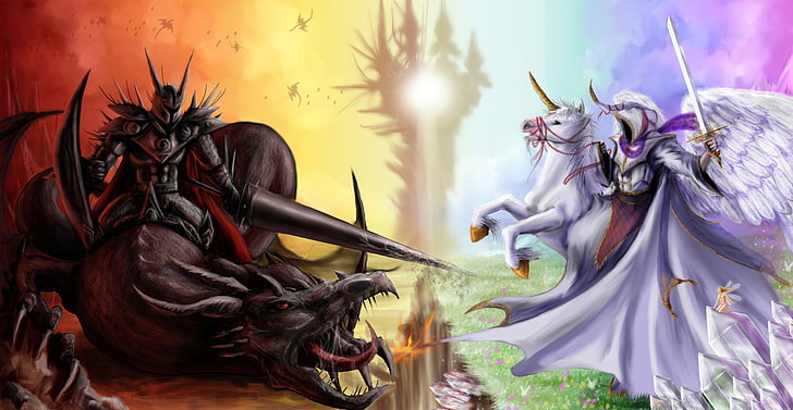 2つのゲームキャラクターデジタル壁紙、フィクション、馬、ようこそ、ドラゴン、天使、剣、鎧、悪魔、芸術、悪、 HDデスクトップの壁紙