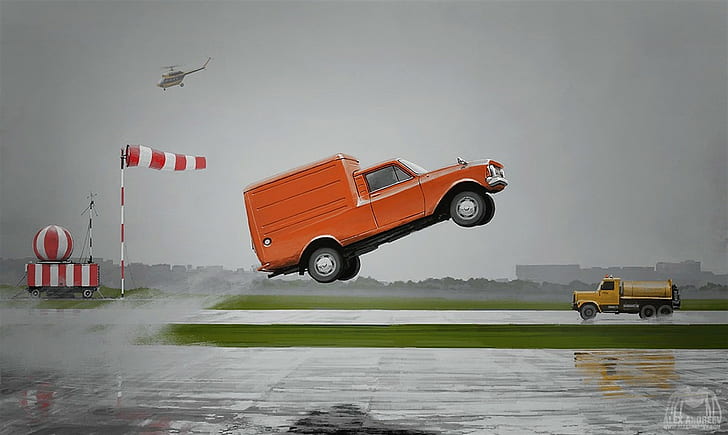 Alexey Andreev, karya seni, konsep seni, surealis, mobil, mobil oranye, kendaraan, Wallpaper HD