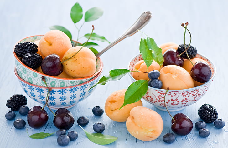 leaves, cherry, berries, blueberries, dishes, fruit, still life, BlackBerry, apricots, spoon, bowls, Anna Verdina, HD wallpaper