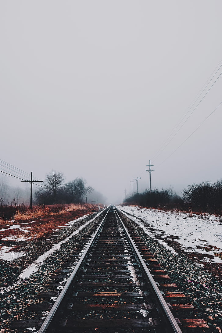 brown and black train rail, railway, winter, snow, HD wallpaper