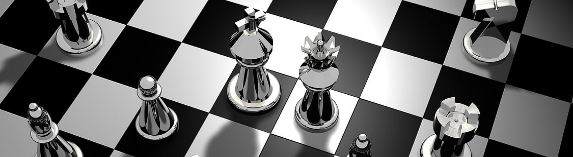 Chess Game, grayscale photography of chess board, Games, Chess, Black, Play, Horse, Game, King, Shadows, Queen, Figures, Strategy, Silver, chess board, topview, rooks, bishops, knights, pawns, chess pieces, 3d model, rendering, HD wallpaper HD wallpaper