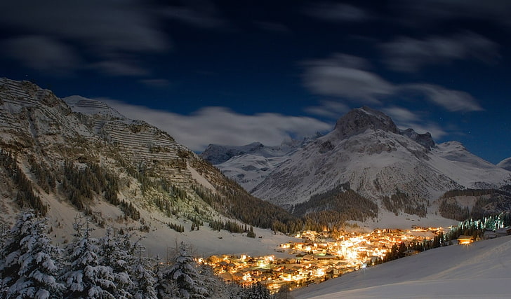 winter, starry night, Austria, snow, forest, city, lights, mountains, snowy peak, Alps, nature, landscape, HD wallpaper