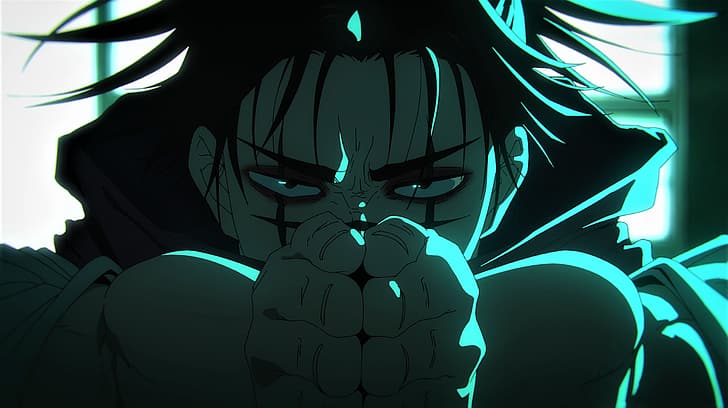 Jujutsu Kaisen, Choso (Jujutsu Kaisen), mãos, cabelo espetado, olheiras, olhos, tatuagem, luzes, anime, captura de tela do anime, meninos de anime, HD papel de parede