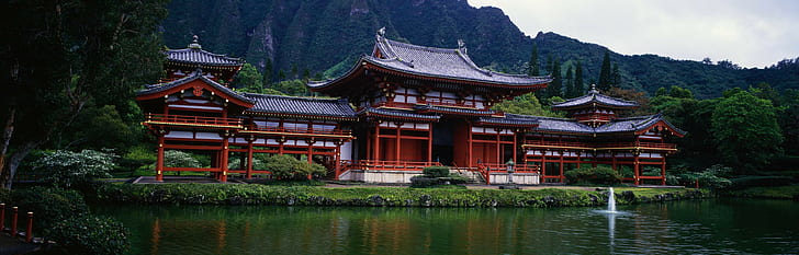 пейзаж, река, архитектура, Гавайи, Храм Бёдо-Ин, HD обои