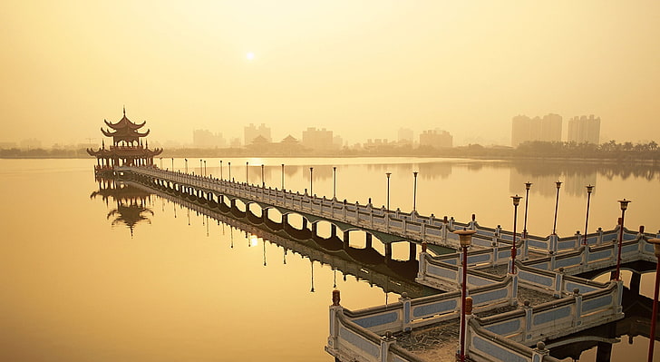 Lotus Pond, Kaohsiung, brown wooden dock, City, Lake, Lotus, Kaohsiung, HD wallpaper