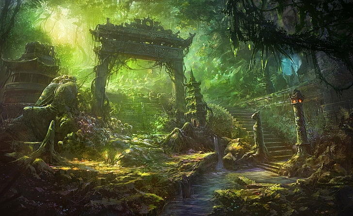 3Dビデオゲームの壁紙、アート、崩壊、ファンタジー、森、ジャングル、風景、遺跡、寺院、木、 HDデスクトップの壁紙