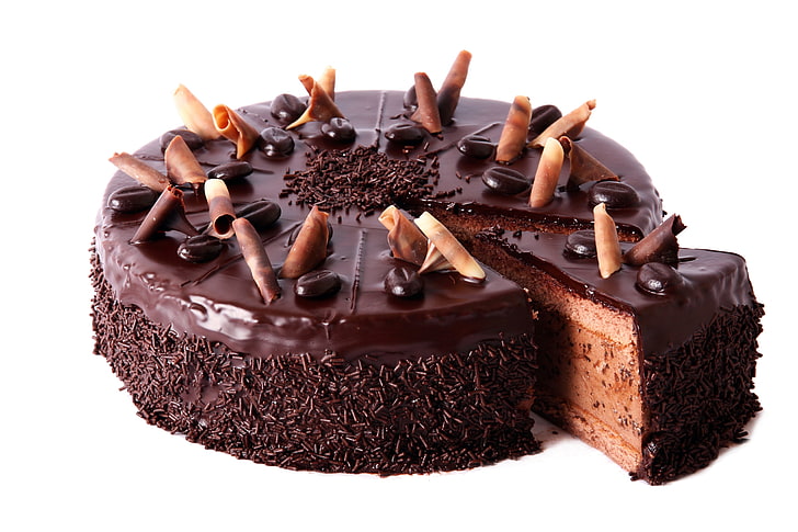 chocolate cake, food, cake, cream, dessert, sweet, chocolate, chips, coffee beans, glaze, coffee, HD wallpaper
