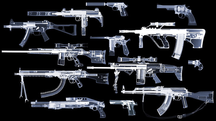 illustrazione di fucili d'assalto, raggi x, pistola, fucili, pistola, Steyr AUG, uzi, HK UMP, AKM, FN SCAR-H, Mauser C96, Heckler & Koch, Desert Eagle, Walther PPK, Smith & Wesson, Remington, Deringer,franchi, spa-12, G3A3, Sfondo HD