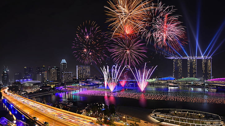 سنغافورة احتفال فندق السنة الجديدة السعيدة ضوء الليزر الألعاب النارية مارينا باي خلفية سطح المكتب عالية الدقة 1920 × 1080، خلفية HD