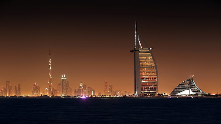 Burj Al Arab, Nuit, La ville, Lumière, Gratte-ciels, Ville, Belle, Dubaï, Fonds d'écran, Fond d'écran, Scycraps, Fond d'écran HD