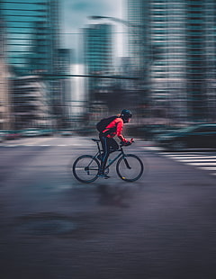 chaqueta roja para hombre, ciclista, velocidad, bicicleta, movimiento, desenfoque, Fondo de pantalla HD HD wallpaper