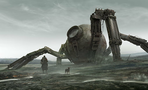 Ciencia ficción, post apocalíptico, perro, hombre, robot, Fondo de pantalla HD HD wallpaper