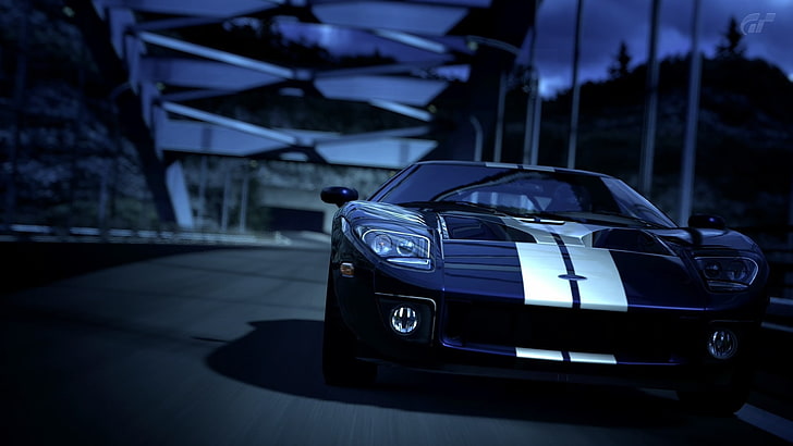 сине-серый Ford GT coupe], черно-белое спортивное купе, пересекающее мост, Need for Speed: Shift, HD обои