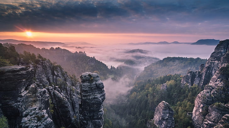 Felsformationen und Wald, Landschaft, Wald, Natur, Nebel, HD-Hintergrundbild