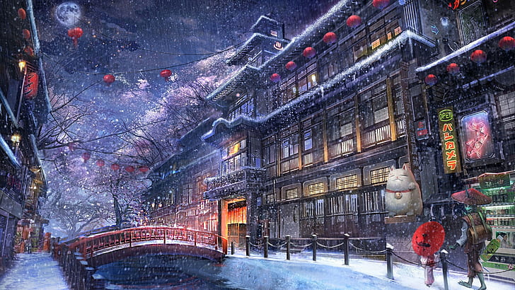 salju, anime, malam, musim dingin, Wallpaper HD