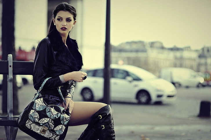 chaqueta negra para mujer, París, moda, bolsos, botas, chaqueta, mujer, chaquetas negras, glamour mujer, Fondo de pantalla HD