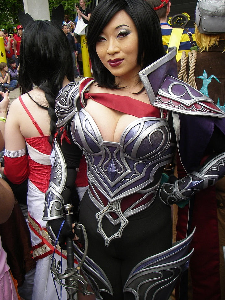 women's purple armour with sword cost play, cosplay, Yaya Han, women, Asian, cleavage, people, HD wallpaper
