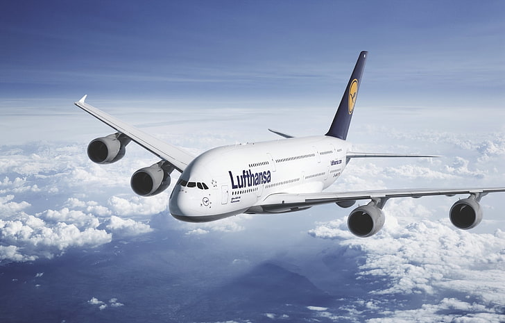A380 Lufthansa, vit Lufthansa trafikflygplan, Flygplan / flygplan, Kommersiella flygplan, flygplan, HD tapet