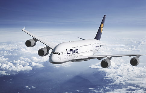 A380 Lufthansa, สายการบิน Lufthansa สีขาว, เครื่องบิน / เครื่องบิน, เครื่องบินพาณิชย์, เครื่องบิน, วอลล์เปเปอร์ HD HD wallpaper