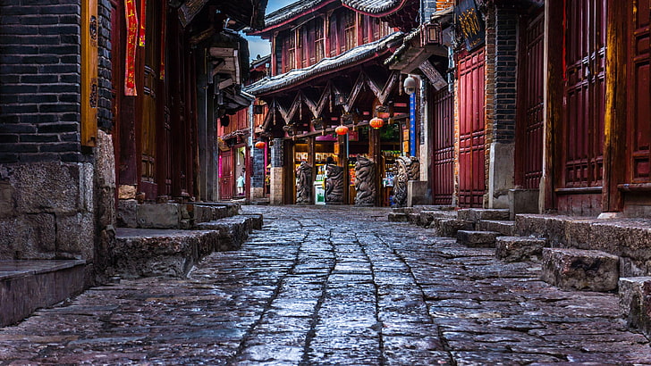 ancient, houses, street view, asia, china, yunnan, walkway, street, cobble stones, townlet, ancient history, historical, history, historic site, town, ancient town, lijiang ancient town, lijiang, HD wallpaper