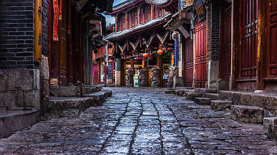 ancient, houses, street view, asia, china, yunnan, walkway, street, cobble stones, townlet, ancient history, historical, history, historic site, town, ancient town, lijiang ancient town, lijiang, HD wallpaper HD wallpaper