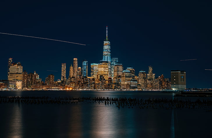 bangunan bertingkat tinggi, kota, air, pantulan, lampu, pencakar langit, Kota New York, pemaparan panjang, Wallpaper HD