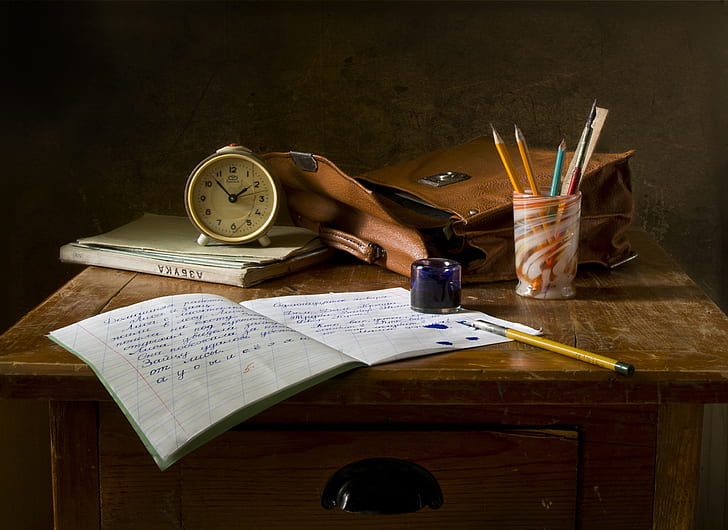 letter, glass, style, retro, letters, table, background, pen, past, study, watch, feathers, pencils, book, blots, USSR, bag, five, still life, school, portfolio, notebook, ink, tutorial, line, former, the line, handwriting, composition, exercise, ABC, rating, retro style, homework, Russian language, recipe, school theme, the Soviet era, HD wallpaper
