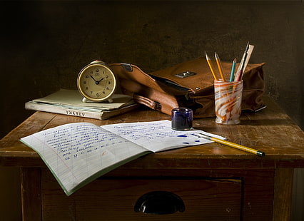 letter, glass, style, retro, letters, table, background, pen, past, study, watch, feathers, pencils, book, blots, USSR, bag, five, still life, school, portfolio, notebook, ink, tutorial, line, former, the line, handwriting, composition, exercise, ABC, rating, retro style, homework, Russian language, recipe, school theme, the Soviet era, HD wallpaper HD wallpaper