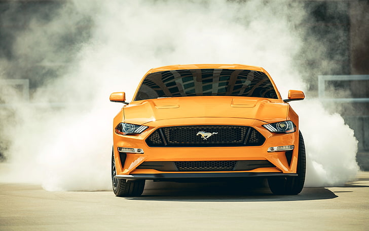 ford mustang gt 2018, orange, muscle, cars, front view, Vehicle, HD wallpaper