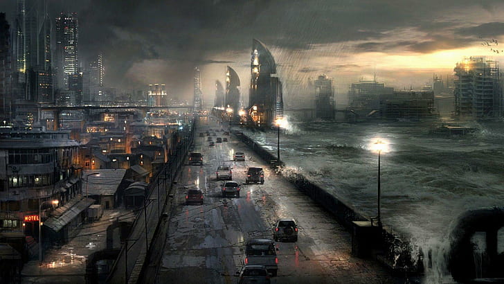 Flood hitting the city, gray concrete highway, fantasy, 1920x1080, city, flood, apocalypse, HD wallpaper