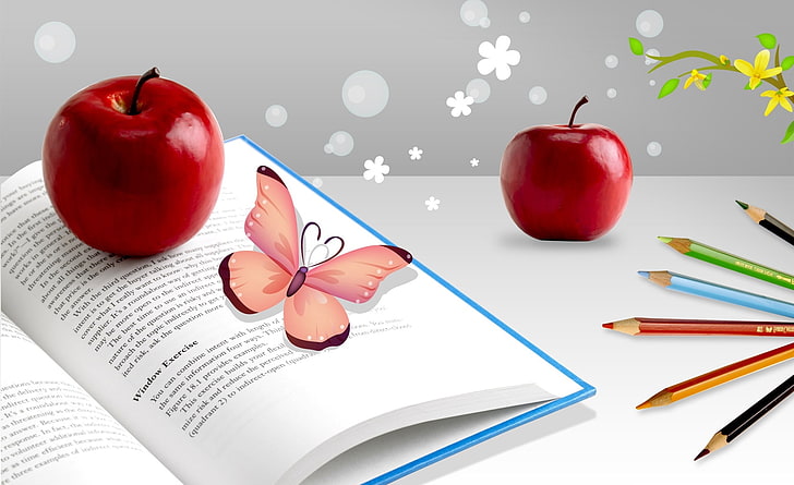 Rote Äpfel, zwei rote Apfelfrüchte und rosa Schmetterlingsillustration, Aero, kreativ, Schmetterling, Äpfel, Buch, kreatives Design, rote Äpfel, HD-Hintergrundbild