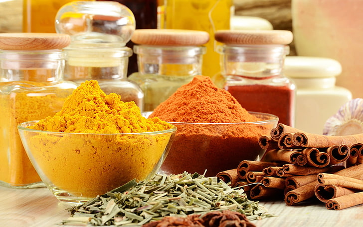yellow and brown powders, spices, cinnamon, aromatic, bowl, HD wallpaper