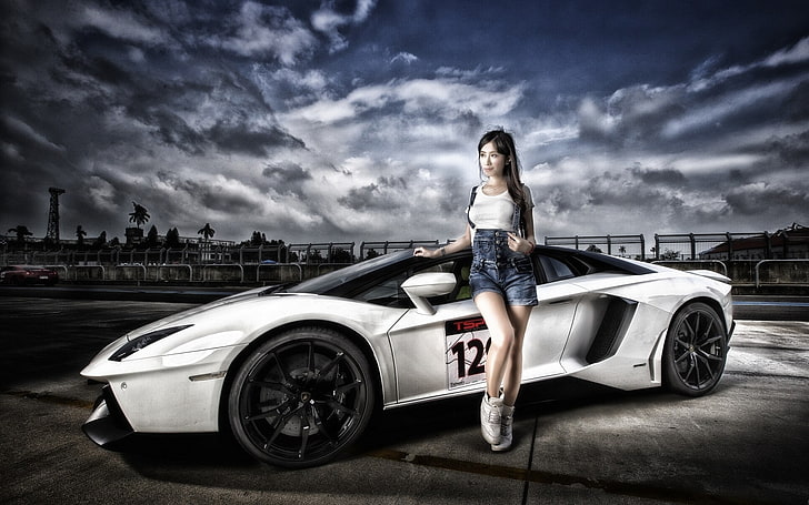 Lamborghini Aventador, mobil putih, mobil, kendaraan, Asia, wanita, model, Wallpaper HD