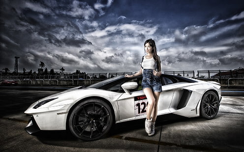 Lamborghini Aventador, белые машины, суперкар, авто, азиатка, женщины, модель, HD обои HD wallpaper