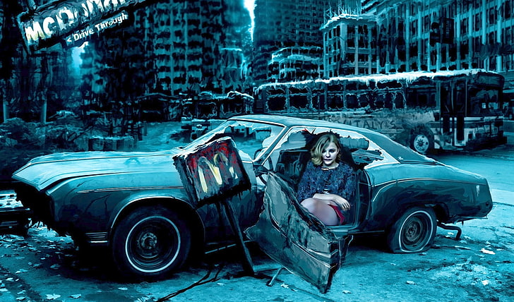 girl inside car painting, women with cars, Chloë Grace Moretz, car, apocalyptic, vehicle, wreck, HD wallpaper