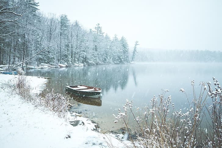 musim dingin, hutan, salju, danau, kolam, perahu, Inggris, New Hampshire, Saltmarsh Pond, Guildford, Pond Saltmarsh, Gilford, Wallpaper HD