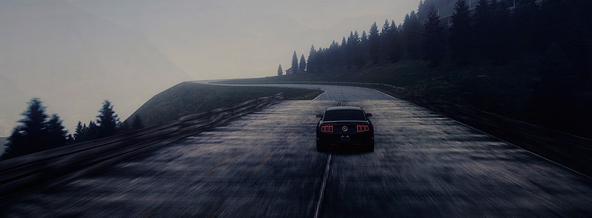 فورد موستانج ، خلفية سيارة سوداء ، سيارات ، فورد ، طريق ، ضباب ، موستانج، خلفية HD HD wallpaper
