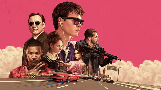 Film, Baby Driver, Ansel Elgort, Baby (Baby Driver), Bats (Baby Driver), Buddy (Baby Driver), Darling (Baby Driver), Debora (Baby Driver), Doc (Baby Driver), Eiza Gonzalez, Jamie Foxx, Jon Hamm, Kevin Spacey, Lily James, HD tapet HD wallpaper