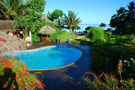 Belle piscine tropicale, îles, tropical, jacuzzi, belle, arbres, plage, eau, océan, paradis, piscine, vue, île, Fidji, Fond d'écran HD HD wallpaper