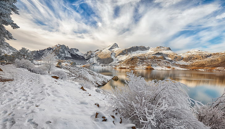 natureza, inverno, neve, céu, paisagem, montanhas, lago, branco, HD papel de parede