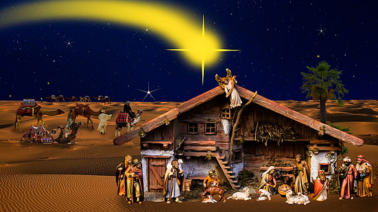 manger, christmas, christmas night, nativity scene, night, jesus, christian, christianity, star, HD wallpaper HD wallpaper