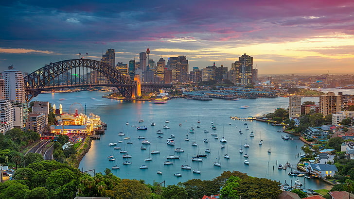 都市の景観、橋、都市、空、シドニーブリッジ、スカイライン、ランドマーク、水、シドニーハーバーブリッジ、昼間、夜、夕暮れ、シドニー、オーストラリア、 HDデスクトップの壁紙