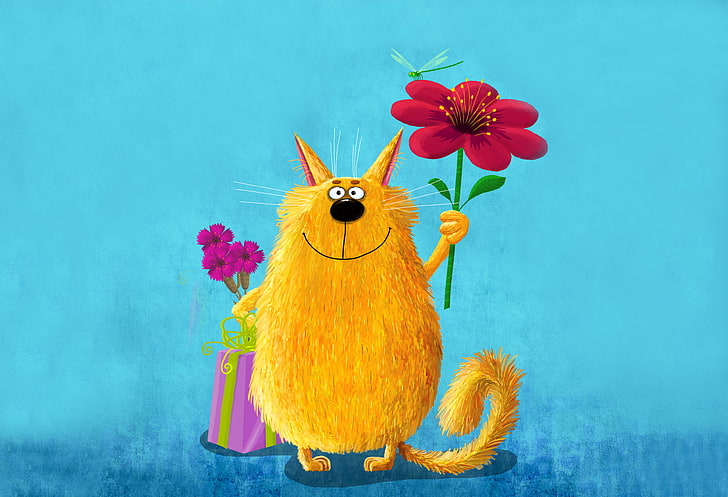 yellow cat illustration, flower, cat, yellow, pink, paint, picture, dragonfly, large, art, cute, painting, keeps, funny, surprise, in the clutches, watercolor., box, gift, HD wallpaper
