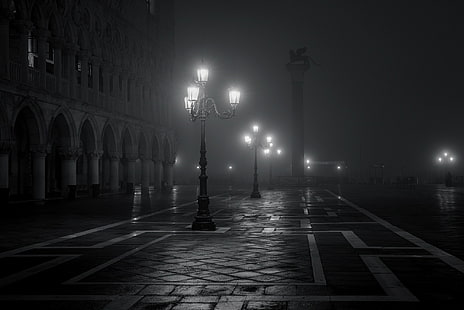 черный, город, туман, италия, огни, марко, настроение, ночь, площадь, сан, венеция, белый, HD обои HD wallpaper