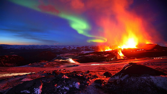 огонь, исландия, эяфьятлайокудль, 2010, северное сияние, северное сияние, извержение, вечер, гора, пейзаж, извержение вулкана, лава, щитовой вулкан, феномен, эяфьятлайокудль, вулкан, рельеф вулкана, геологическое явление, небо, HD обои HD wallpaper