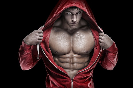 мъжка червена качулка с цип, качулка, мускул, мускули, преса, спортист, културизъм, културист, корем, HD тапет HD wallpaper