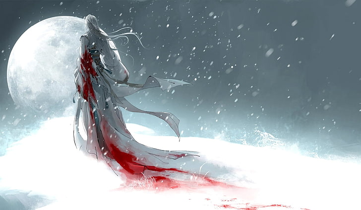 white haired woman in dress anime character wallpaper, girl, snow, the moon, blood, art, heise, HD wallpaper