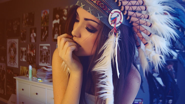 black, white, and brown native American headdress, colorful, feathers, girl, hat, indian, red, wearing, HD wallpaper