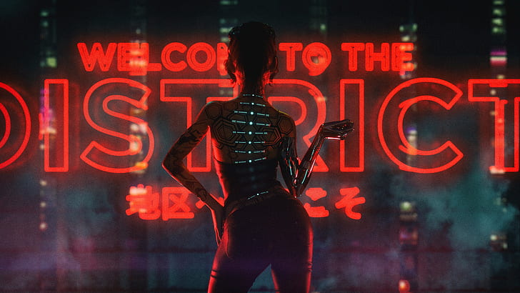 Girl, Music, Background, Cyborg, Cyber, Cyberpunk, Synth, Retrowave, Synthwave, New Retro Wave, Futuresynth, Sintav, Retrouve, Outrun, Retro Synthwave, David Legnon, Welcome to the District, HD wallpaper